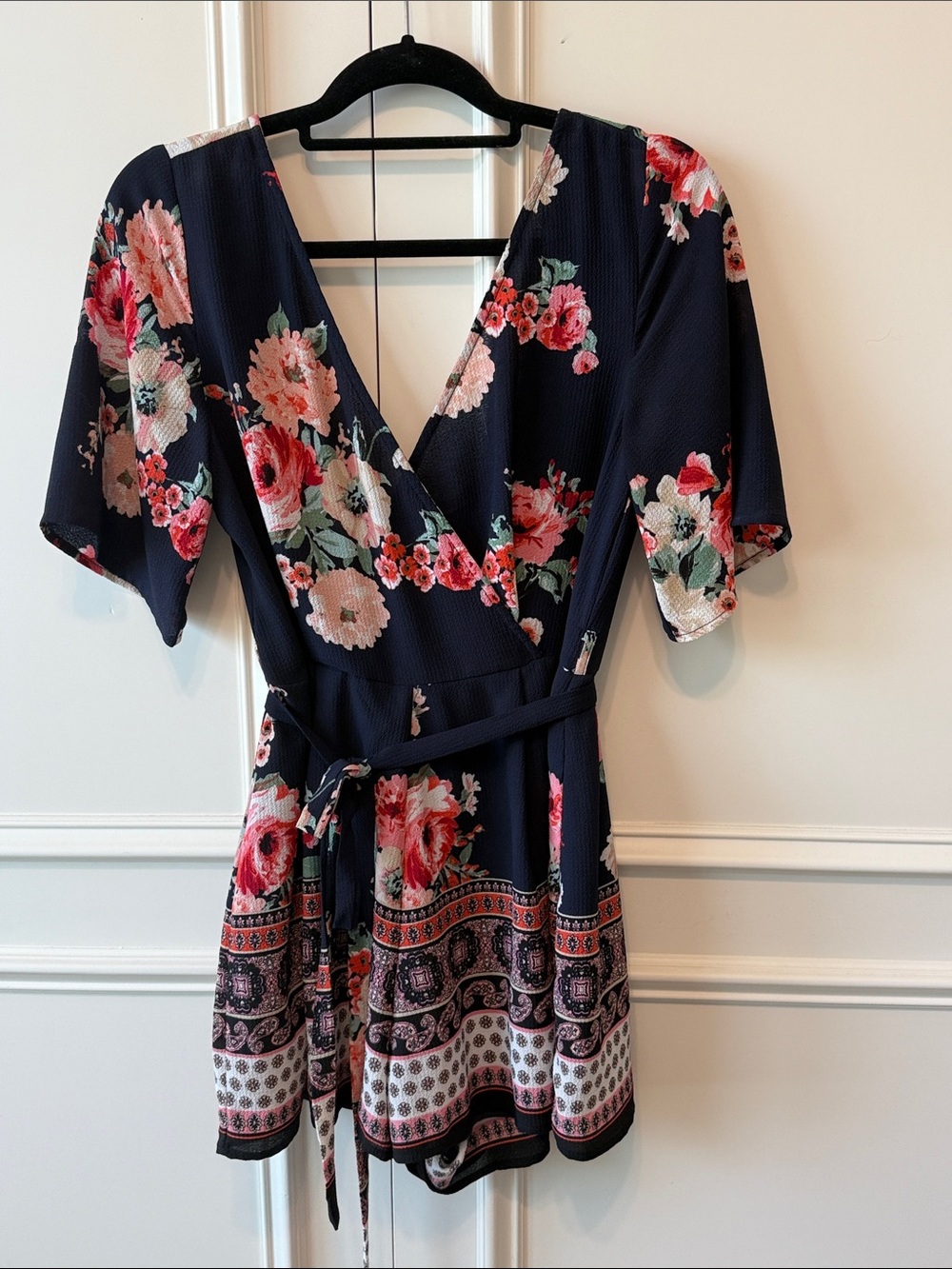 Navy Floral Wrap Romper with Belt